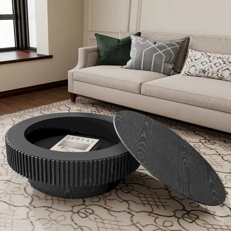 Mesa de centro redonda con almacenamiento – Nogal / Madera natural / Negra, MDF acanalado, 80 o 100 cm