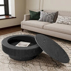 Mesa de centro redonda con almacenamiento – Nogal / Madera natural / Negra, MDF acanalado, 80 o 100 cm