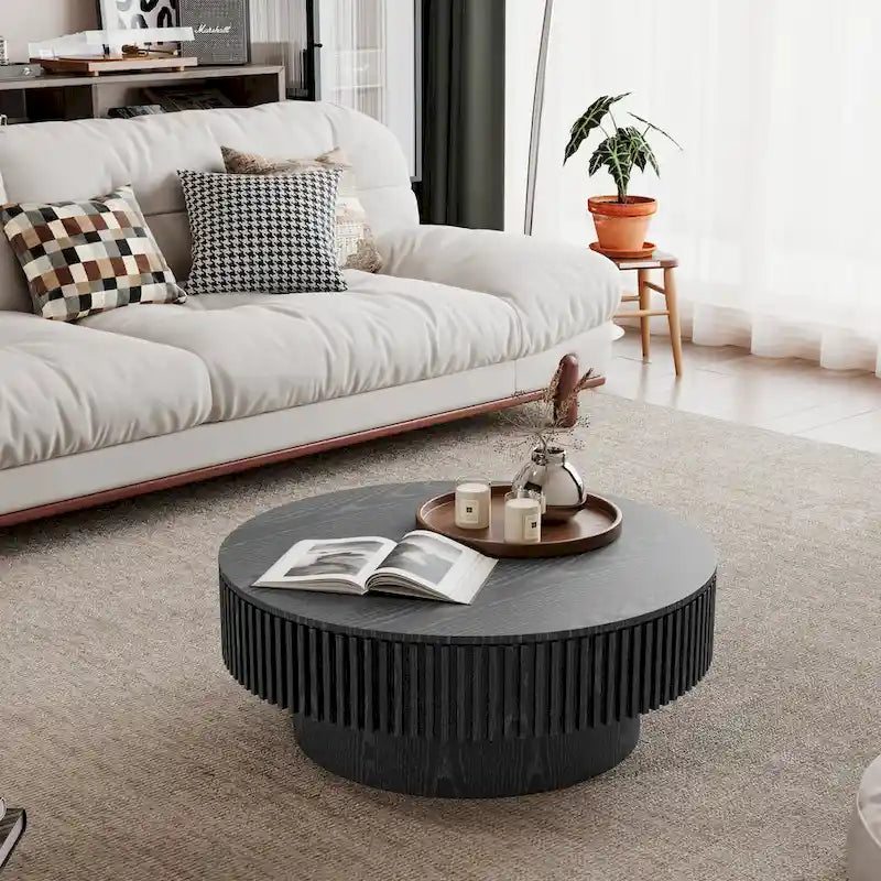 Mesa de centro redonda con almacenamiento – Nogal / Madera natural / Negra, MDF acanalado, 80 o 100 cm