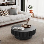 Mesa de centro redonda con almacenamiento – Nogal / Madera natural / Negra, MDF acanalado, 80 o 100 cm