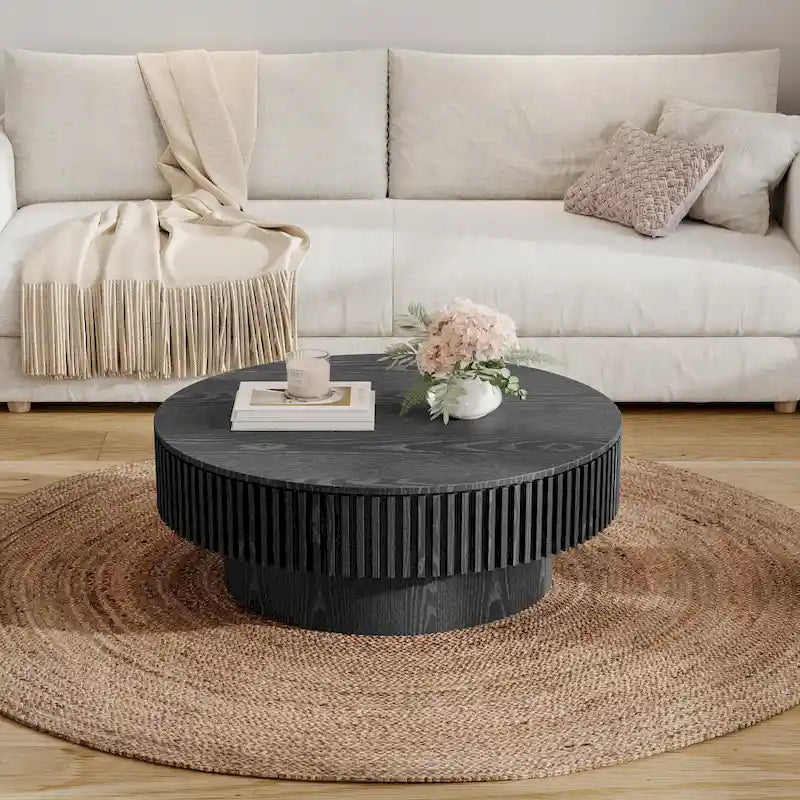 Mesa de centro redonda con almacenamiento – Nogal / Madera natural / Negra, MDF acanalado, 80 o 100 cm