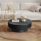 Mesa de centro redonda con almacenamiento – Nogal / Madera natural / Negra, MDF acanalado, 80 o 100 cm