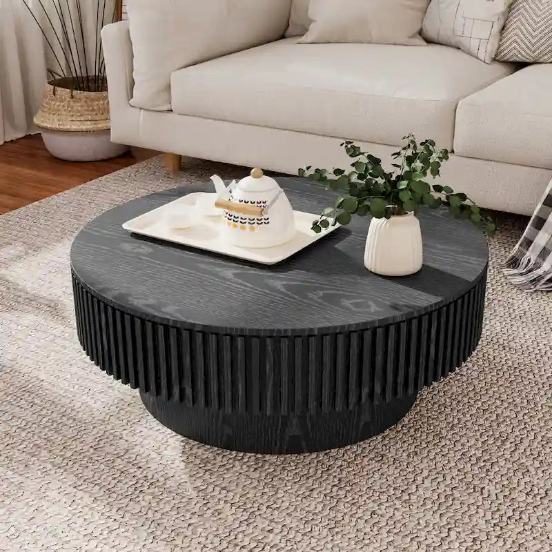 Mesa de centro redonda con almacenamiento – Nogal / Madera natural / Negra, MDF acanalado, 80 o 100 cm