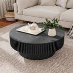 Mesa de centro redonda con almacenamiento – Nogal / Madera natural / Negra, MDF acanalado, 80 o 100 cm