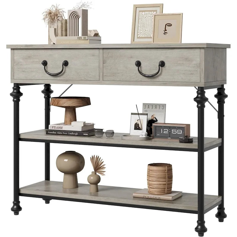 Mesa consola industrial gris con 2 cajones y estantes de almacenamiento