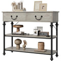Mesa consola industrial gris con 2 cajones y estantes de almacenamiento