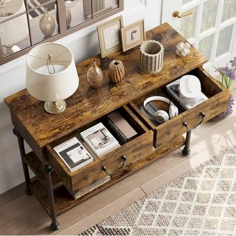Mesa consola industrial gris con 2 cajones y estantes de almacenamiento