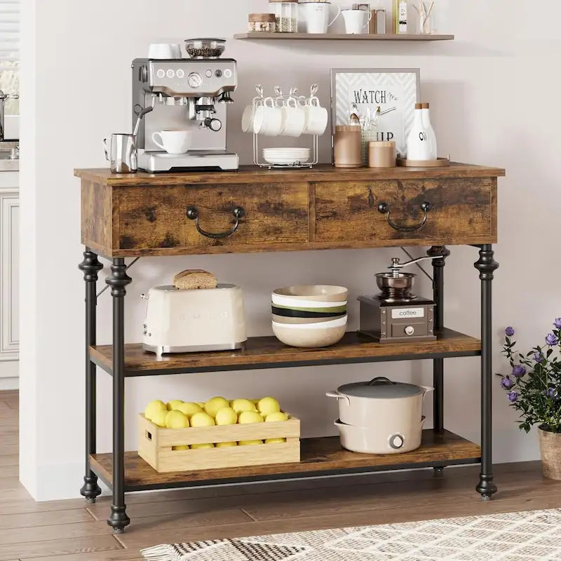 Mesa consola industrial gris con 2 cajones y estantes de almacenamiento