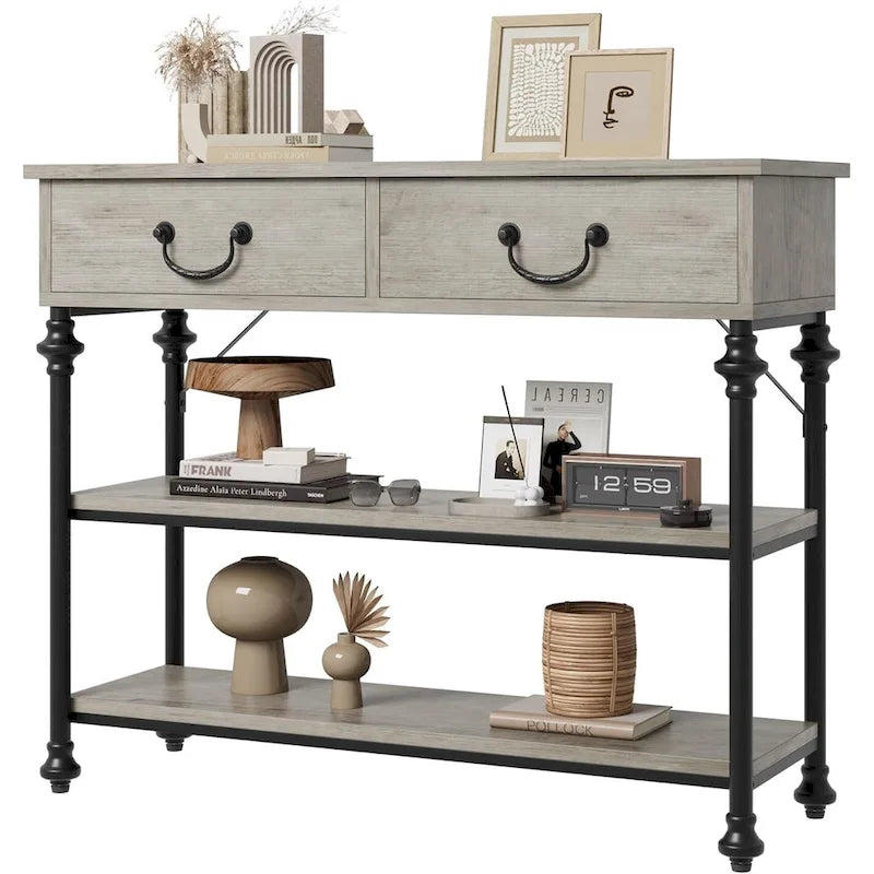 Mesa consola industrial gris con 2 cajones y estantes de almacenamiento