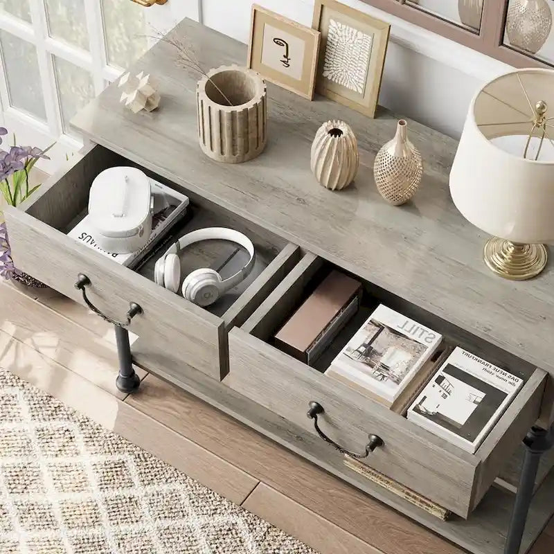 Mesa consola industrial gris con 2 cajones y estantes de almacenamiento