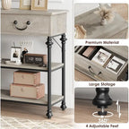 Mesa consola industrial gris con 2 cajones y estantes de almacenamiento
