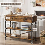 Mesa consola industrial gris con 2 cajones y estantes de almacenamiento