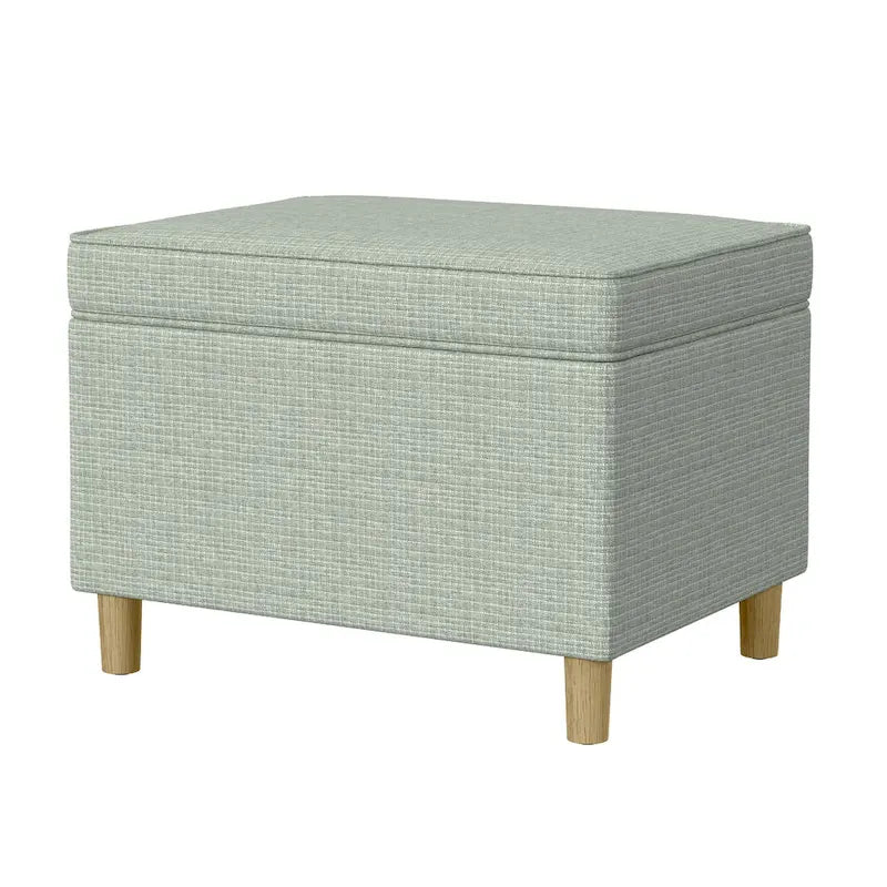 Otomana de almacenaje rectangular verde salvia y marrón, tapa con bisagras, capacidad para 1 persona