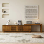 Mid Century Expandable TV Stand with 4 Storage Cabinets and Hollowout Door for Living Room Entertainment Center