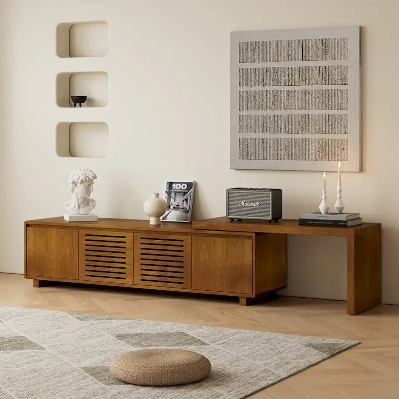 Mueble de TV extensible de ébano marrón, estilo de mediados de siglo, se adapta a televisores de 55" a 75"