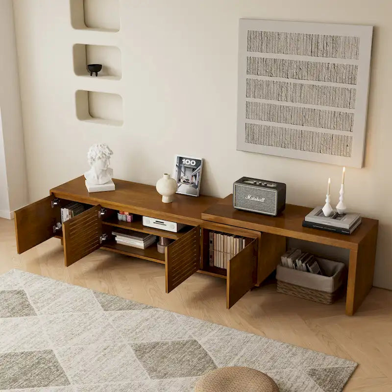 Mueble de TV extensible de ébano marrón, estilo de mediados de siglo, se adapta a televisores de 55" a 75"