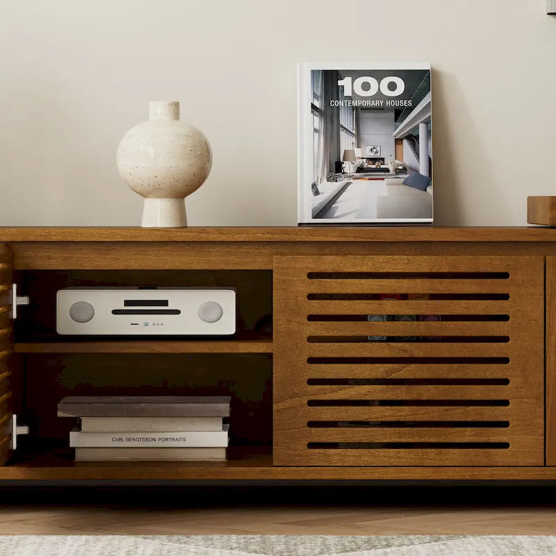 Mueble de TV extensible de ébano marrón, estilo de mediados de siglo, se adapta a televisores de 55" a 75"