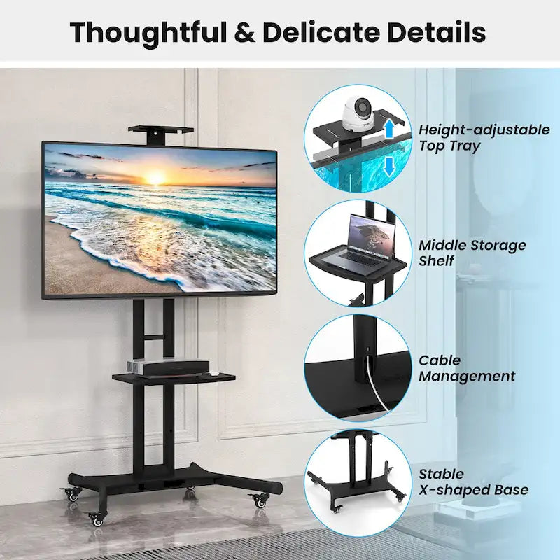 Mueble de TV móvil negro para 1 persona, apto para televisores de 32" a 82"