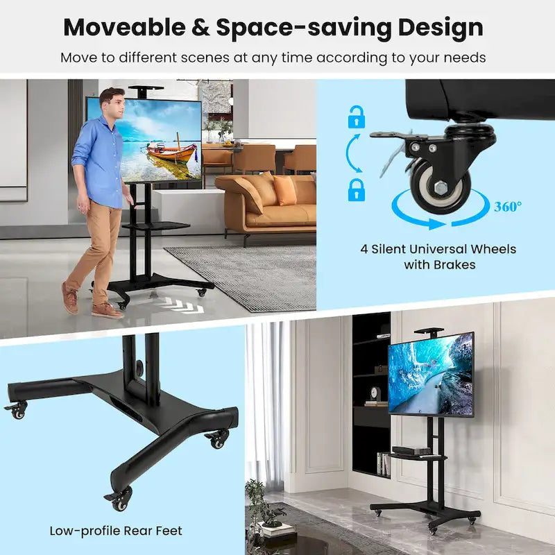 Mueble de TV móvil negro para 1 persona, apto para televisores de 32" a 82"