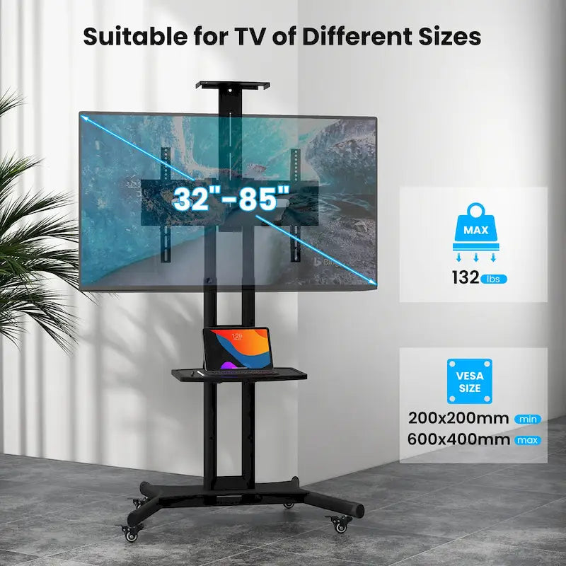 Mueble de TV móvil negro para 1 persona, apto para televisores de 32" a 82"