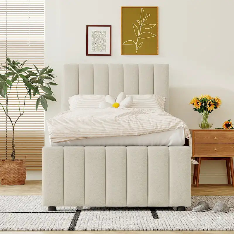 Cama de plataforma tapizada a rayas beige/gris con cama nido y cajones, individual/matrimonial, 1-2 personas