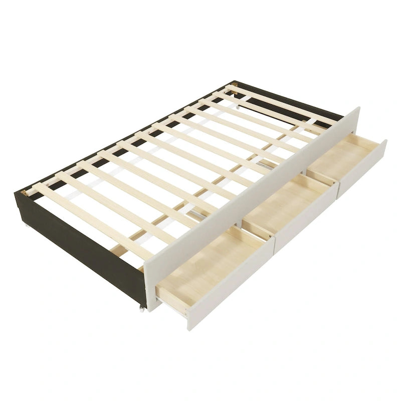 Cama de plataforma tapizada a rayas beige/gris con cama nido y cajones, individual/matrimonial, 1-2 personas