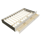 Cama de plataforma tapizada a rayas beige/gris con cama nido y cajones, individual/matrimonial, 1-2 personas