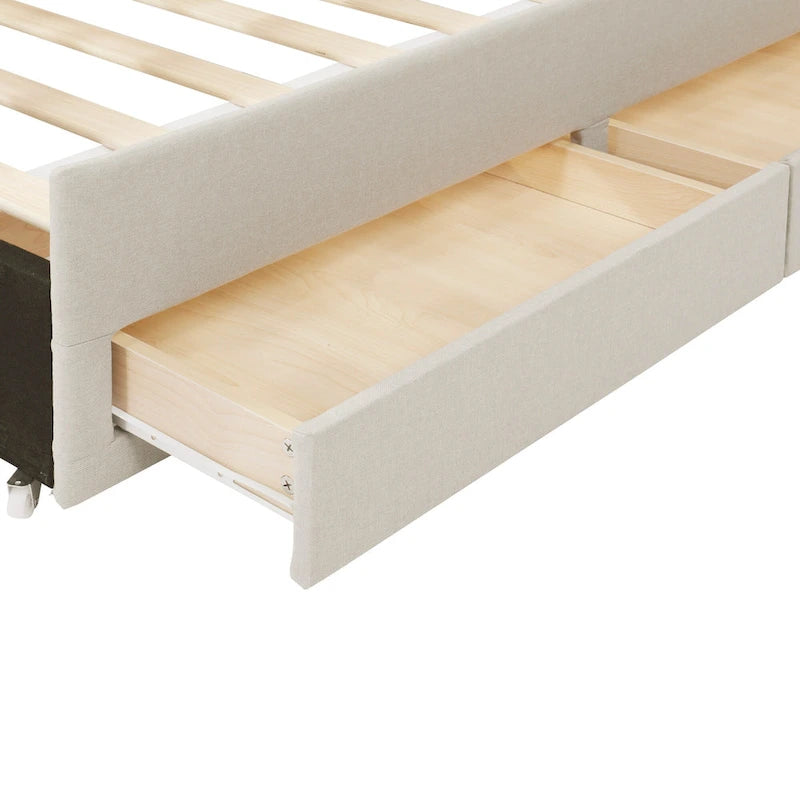 Cama de plataforma tapizada a rayas beige/gris con cama nido y cajones, individual/matrimonial, 1-2 personas