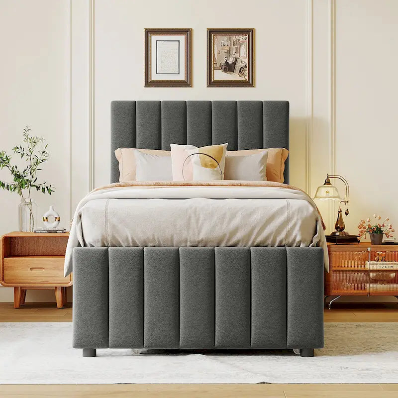 Cama de plataforma tapizada a rayas beige/gris con cama nido y cajones, individual/matrimonial, 1-2 personas