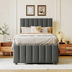 Cama de plataforma tapizada a rayas beige/gris con cama nido y cajones, individual/matrimonial, 1-2 personas