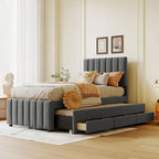 Cama de plataforma tapizada a rayas beige/gris con cama nido y cajones, individual/matrimonial, 1-2 personas