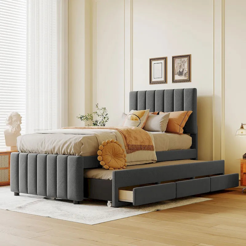 Cama de plataforma tapizada a rayas beige/gris con cama nido y cajones, individual/matrimonial, 1-2 personas