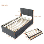 Cama de plataforma tapizada a rayas beige/gris con cama nido y cajones, individual/matrimonial, 1-2 personas