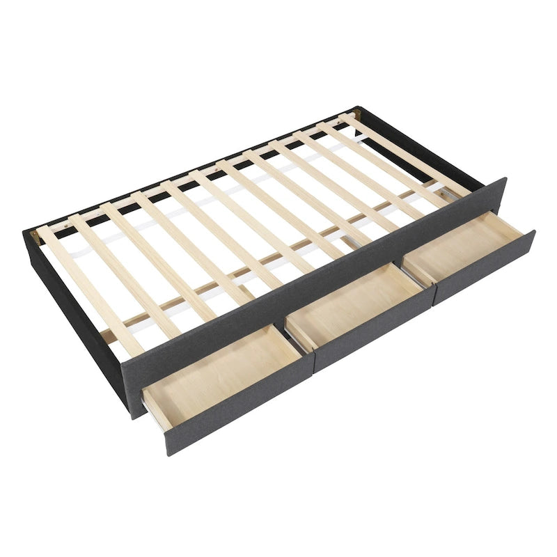 Cama de plataforma tapizada a rayas beige/gris con cama nido y cajones, individual/matrimonial, 1-2 personas