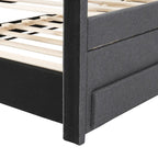 Cama de plataforma tapizada a rayas beige/gris con cama nido y cajones, individual/matrimonial, 1-2 personas
