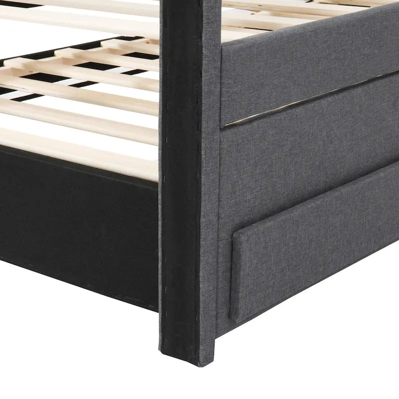Cama de plataforma tapizada a rayas beige/gris con cama nido y cajones, individual/matrimonial, 1-2 personas