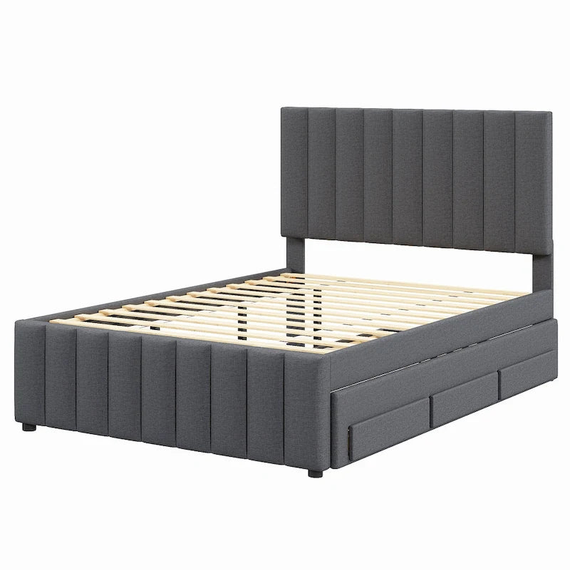 Cama de plataforma tapizada a rayas beige/gris con cama nido y cajones, individual/matrimonial, 1-2 personas
