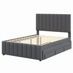 Cama de plataforma tapizada a rayas beige/gris con cama nido y cajones, individual/matrimonial, 1-2 personas