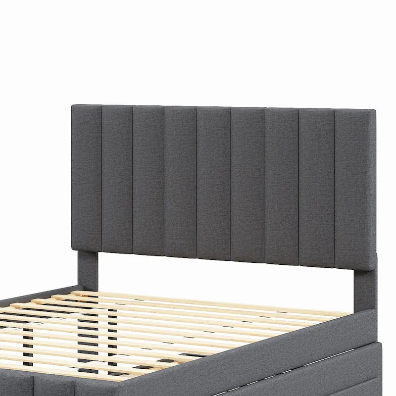 Cama de plataforma tapizada a rayas beige/gris con cama nido y cajones, individual/matrimonial, 1-2 personas
