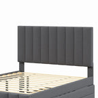 Cama de plataforma tapizada a rayas beige/gris con cama nido y cajones, individual/matrimonial, 1-2 personas