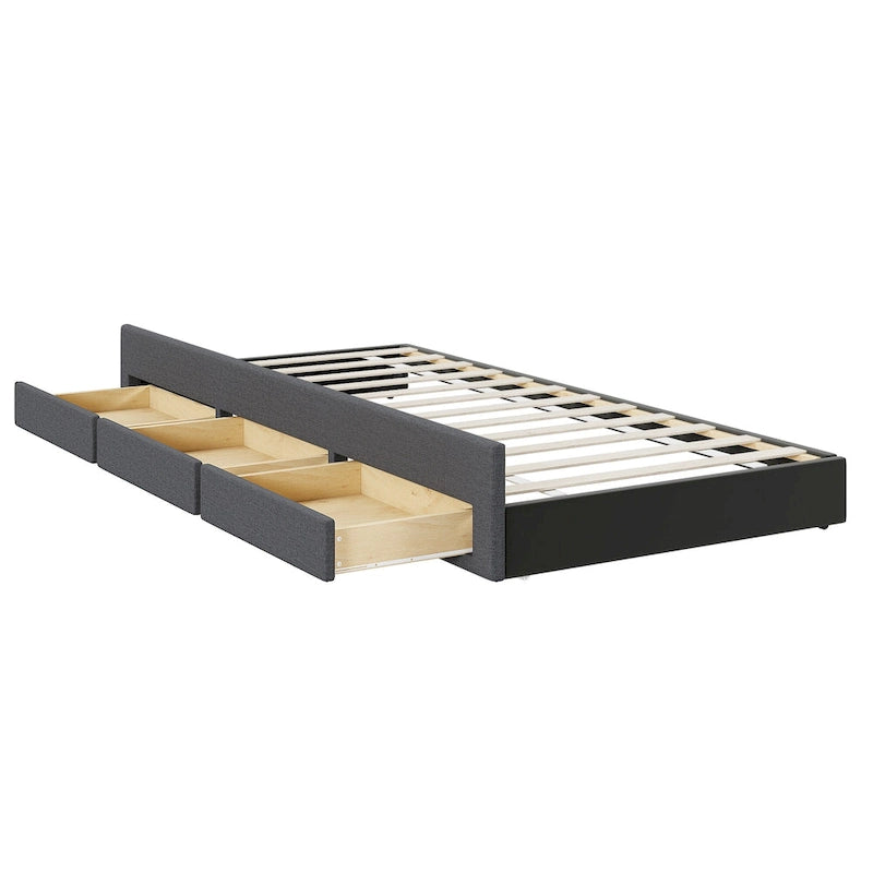 Cama de plataforma tapizada a rayas beige/gris con cama nido y cajones, individual/matrimonial, 1-2 personas
