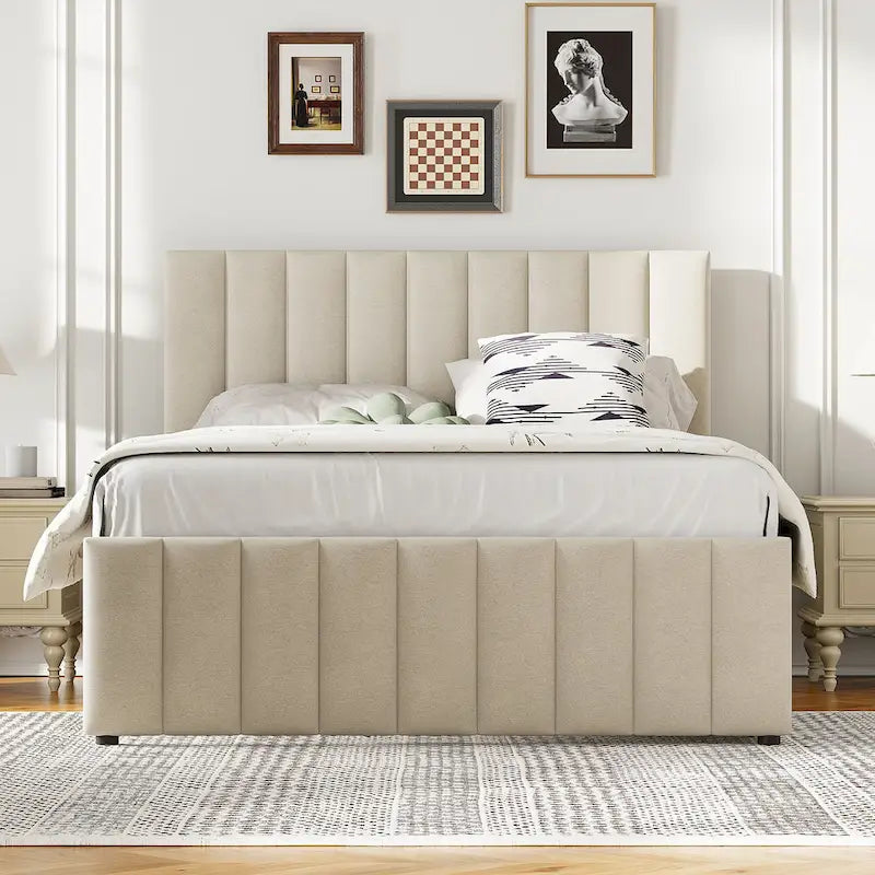 Cama de plataforma tapizada a rayas beige/gris con cama nido y cajones, individual/matrimonial, 1-2 personas
