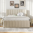 Cama de plataforma tapizada a rayas beige/gris con cama nido y cajones, individual/matrimonial, 1-2 personas