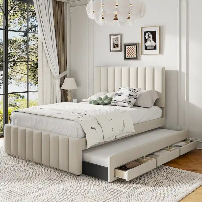 Cama de plataforma tapizada a rayas beige/gris con cama nido y cajones, individual/matrimonial, 1-2 personas