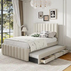 Cama de plataforma tapizada a rayas beige/gris con cama nido y cajones, individual/matrimonial, 1-2 personas