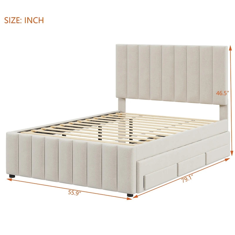 Cama de plataforma tapizada a rayas beige/gris con cama nido y cajones, individual/matrimonial, 1-2 personas