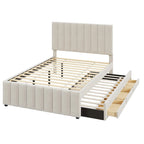 Cama de plataforma tapizada a rayas beige/gris con cama nido y cajones, individual/matrimonial, 1-2 personas