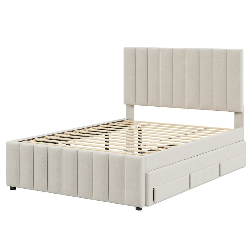 Cama de plataforma tapizada a rayas beige/gris con cama nido y cajones, individual/matrimonial, 1-2 personas