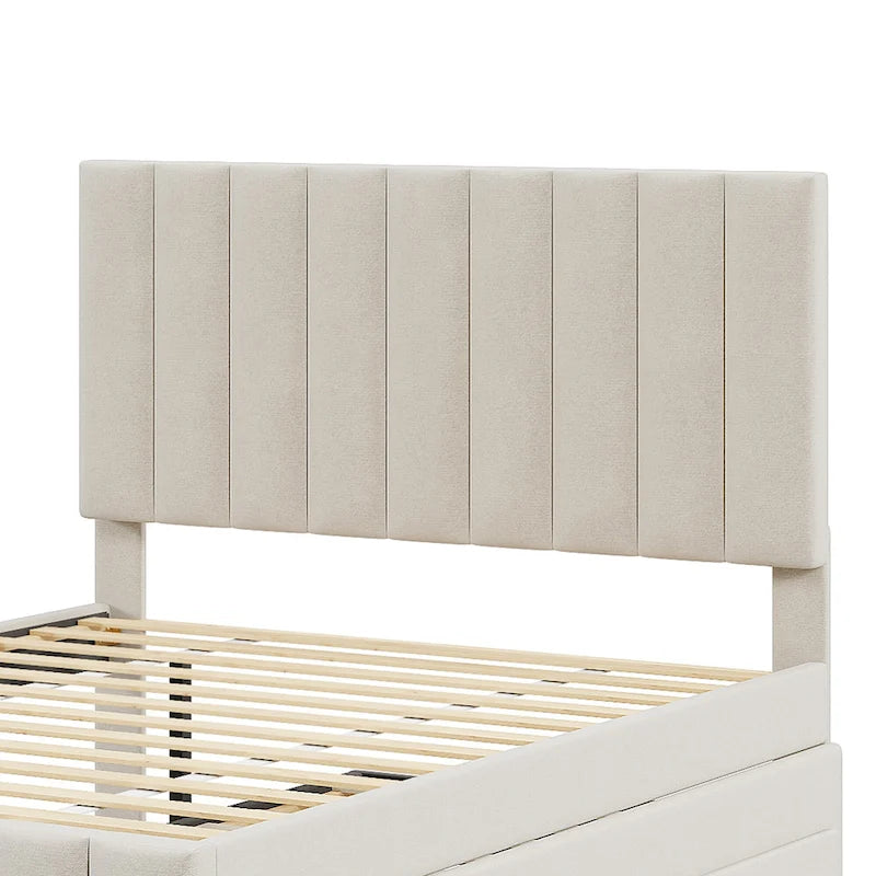 Cama de plataforma tapizada a rayas beige/gris con cama nido y cajones, individual/matrimonial, 1-2 personas