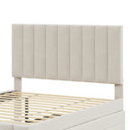 Cama de plataforma tapizada a rayas beige/gris con cama nido y cajones, individual/matrimonial, 1-2 personas